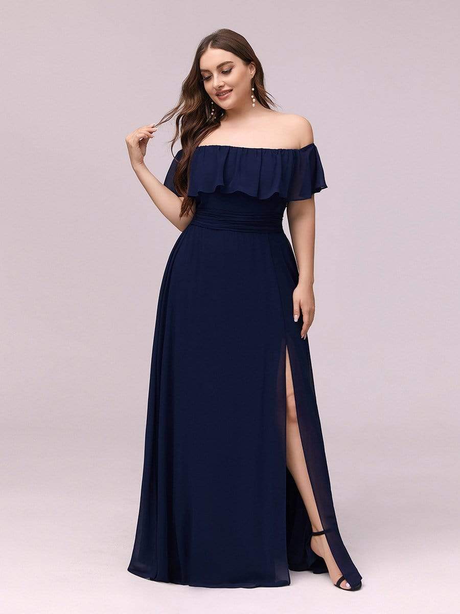 Plus Size Off-The-Shoulder Ruffle Thigh Split Bridesmaid Dress