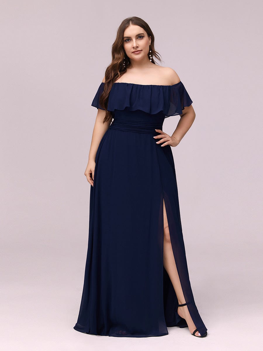 Custom Size Women's Off-The-Shoulder Ruffle Thigh Split Bridesmaid Dresses