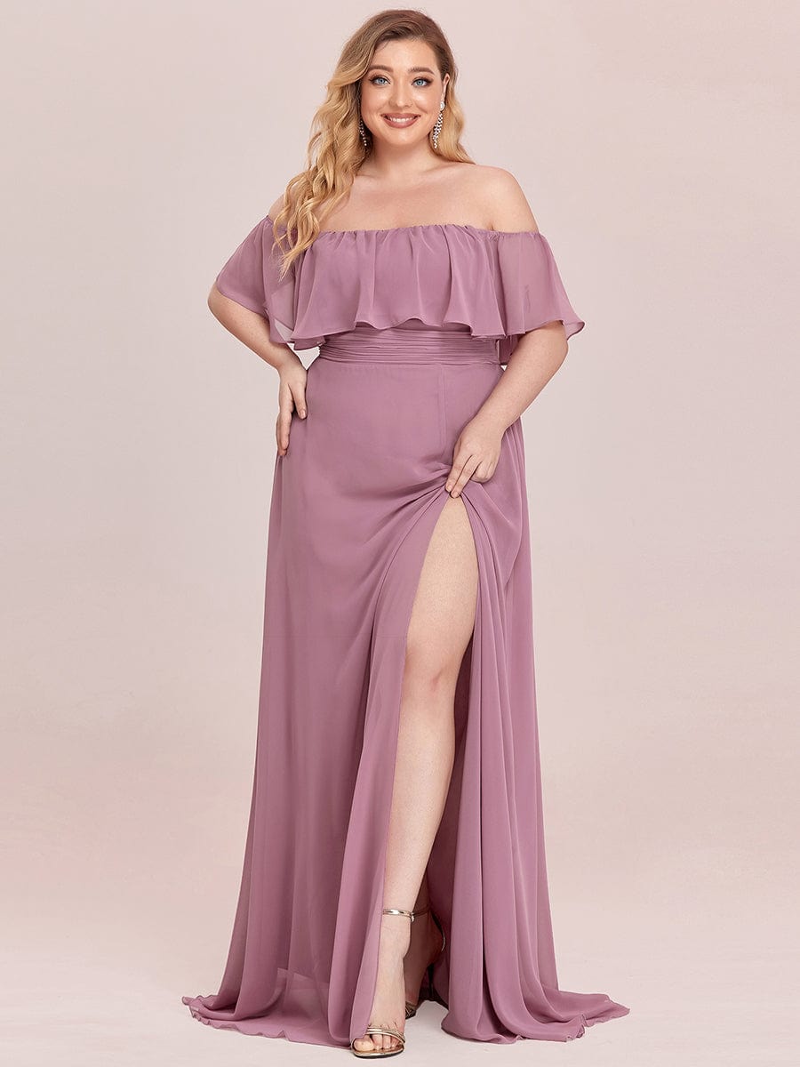 Custom Size Women's Off-The-Shoulder Ruffle Thigh Split Bridesmaid Dresses