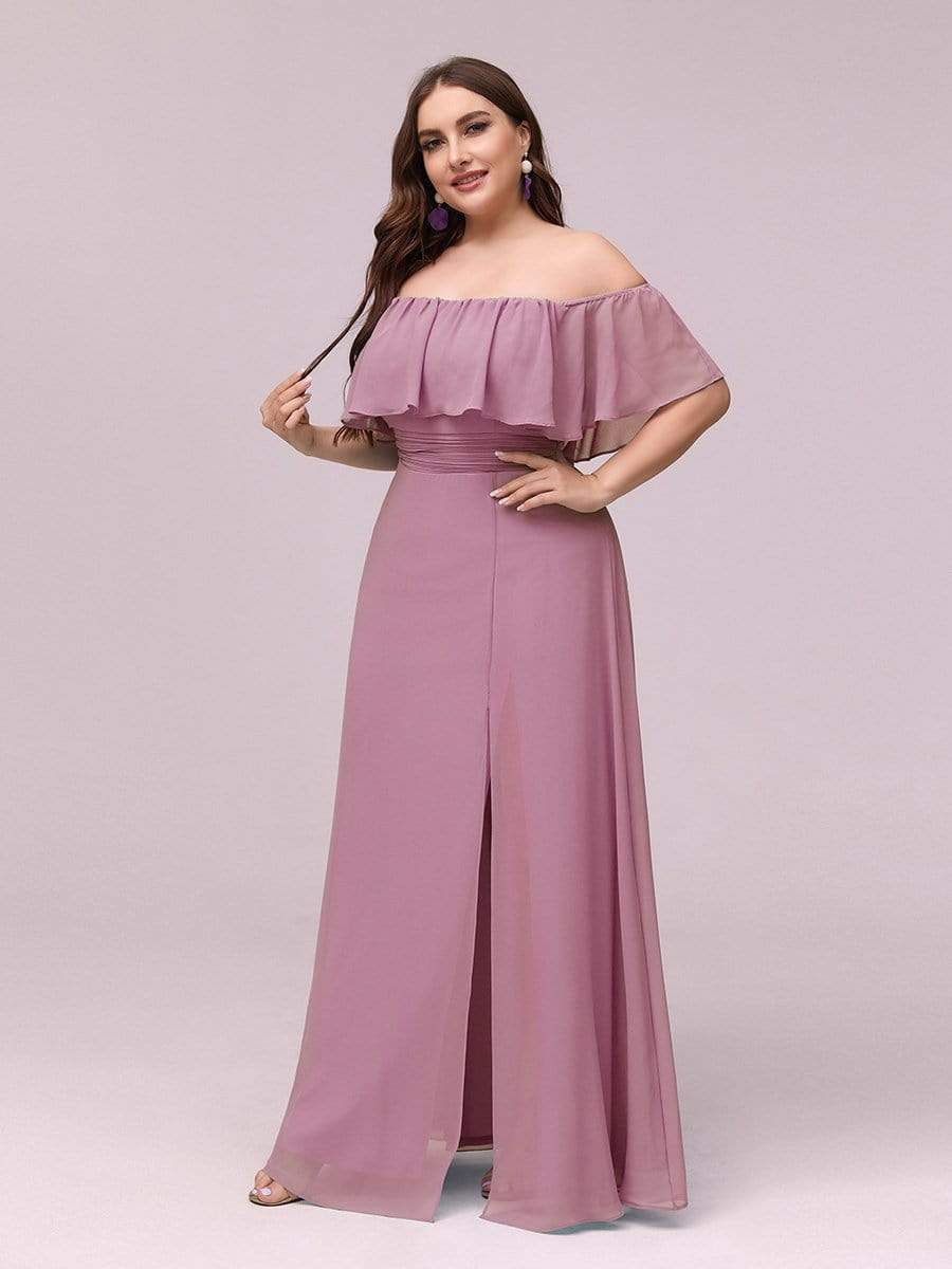 Plus Size Off-The-Shoulder Ruffle Thigh Split Bridesmaid Dress