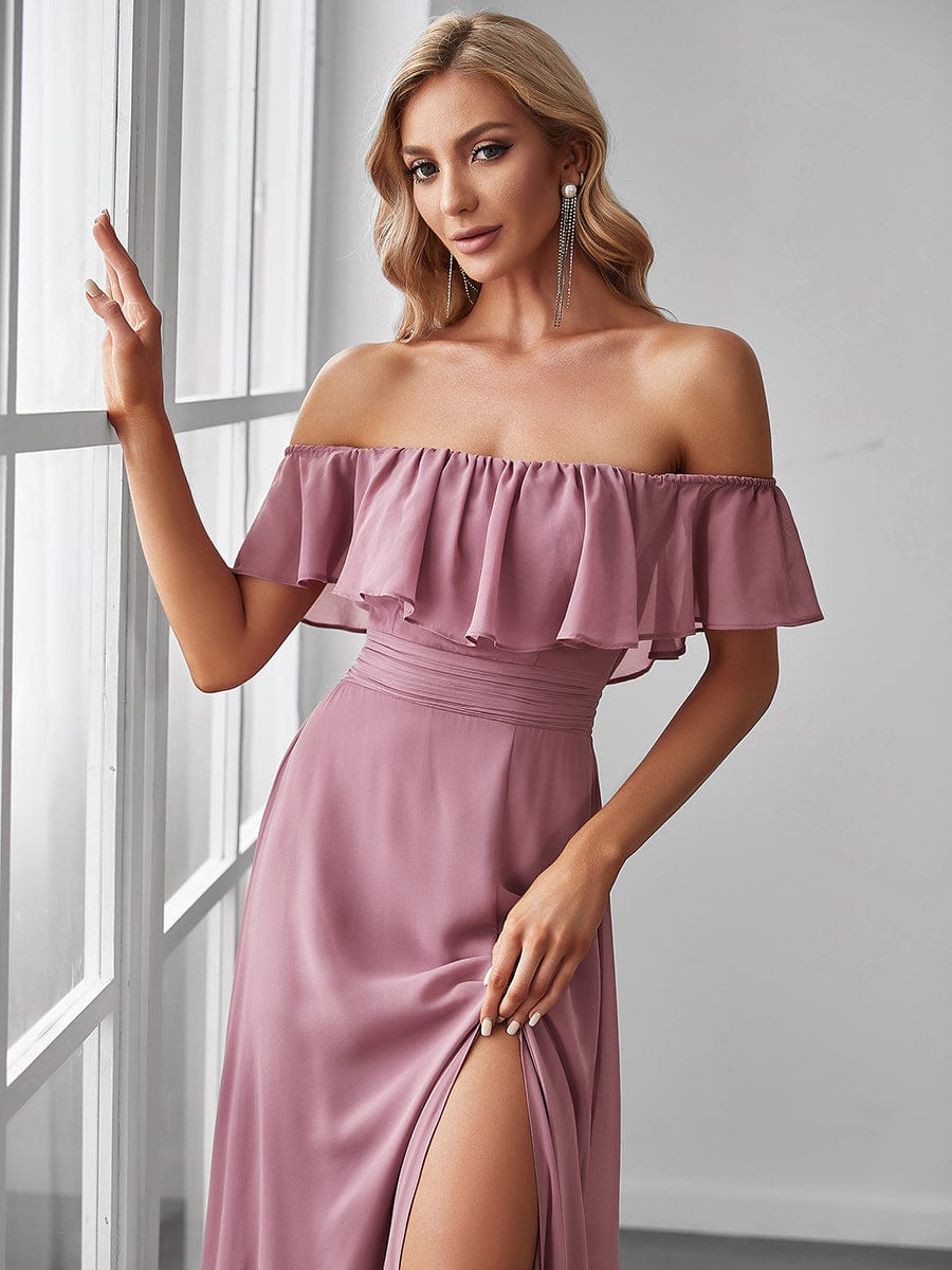 Custom Size Women's Off-The-Shoulder Ruffle Thigh Split Bridesmaid Dresses