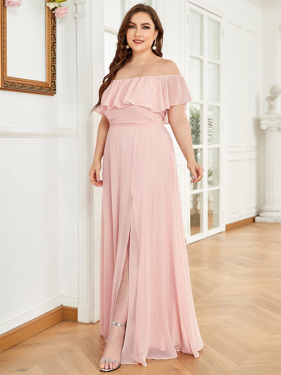 Plus Size Off-The-Shoulder Ruffle Thigh Split Bridesmaid Dress