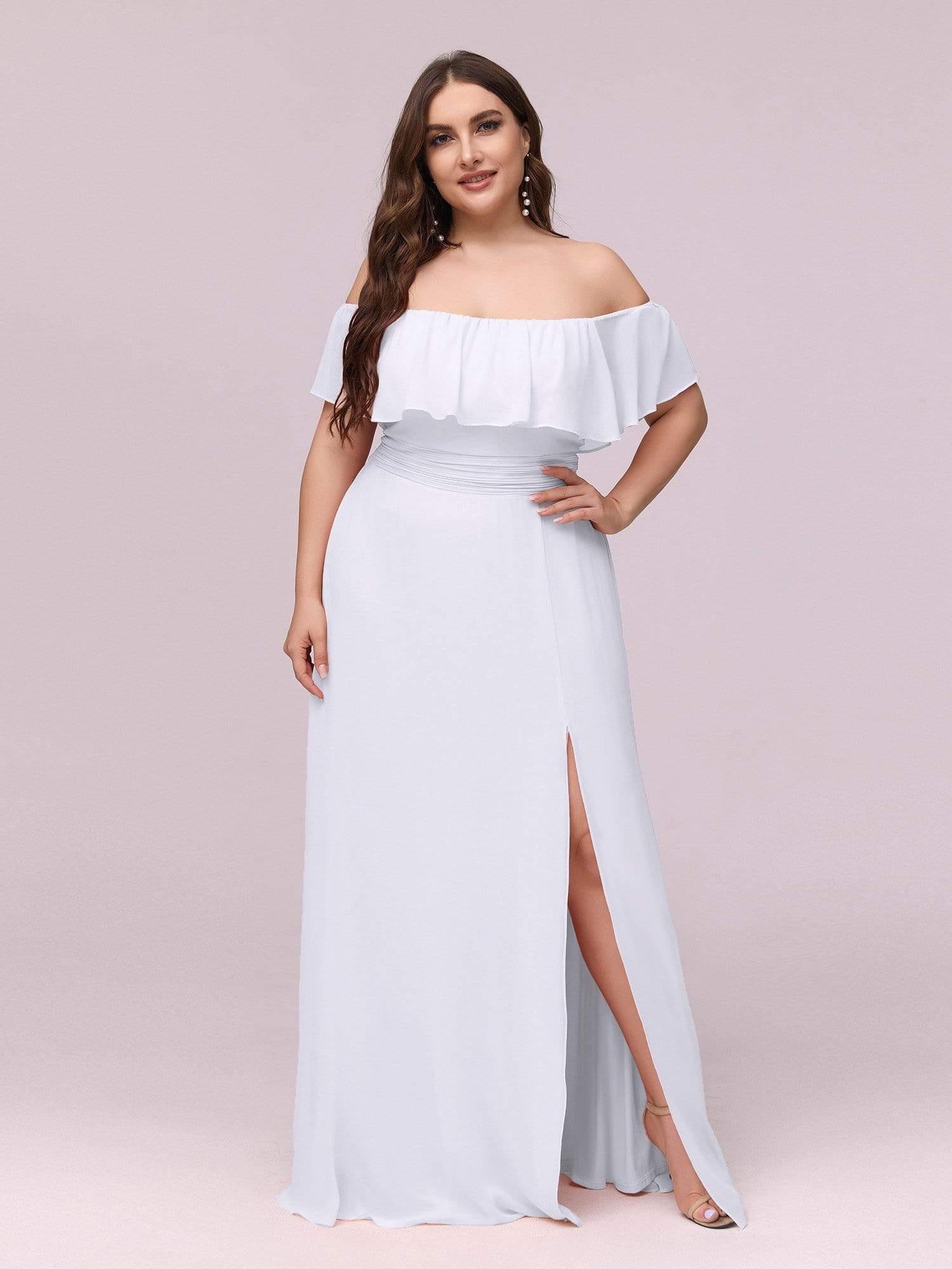 Plus Size Off-The-Shoulder Ruffle Thigh Split Bridesmaid Dress