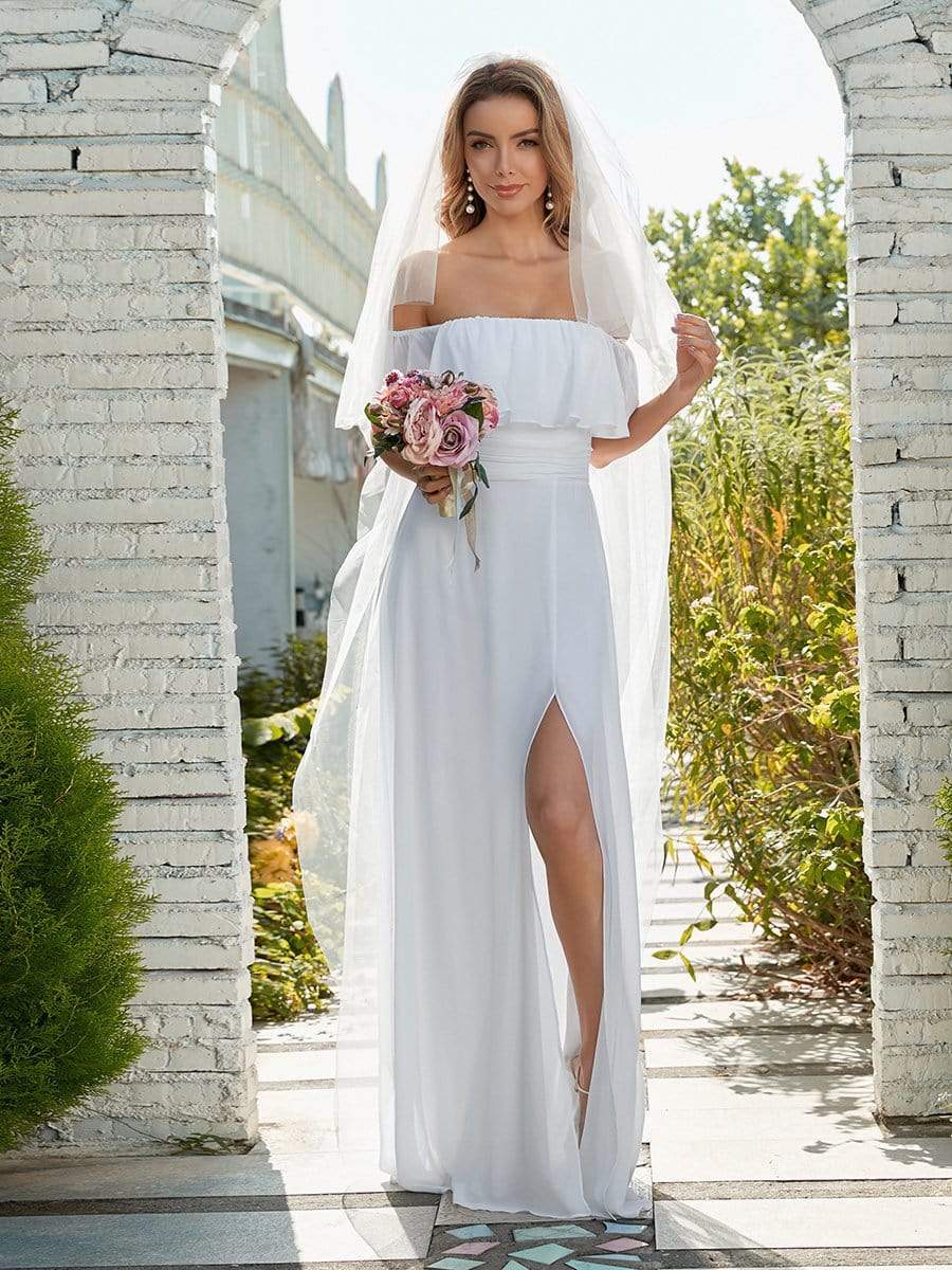 Plain Off Shoulder Chiffon Wedding Dress with Side Split