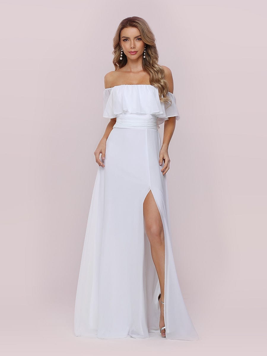 Custom Size Women's Off-The-Shoulder Ruffle Thigh Split Bridesmaid Dresses