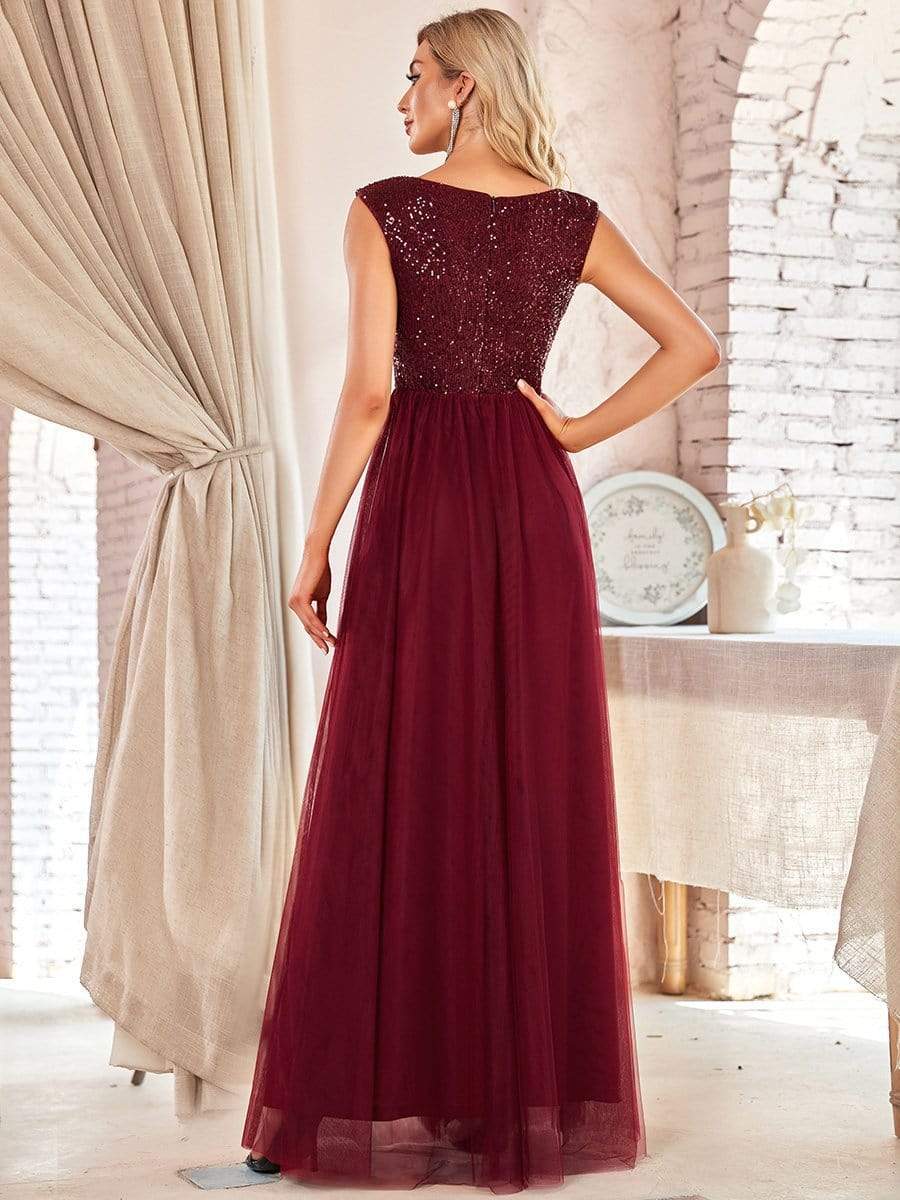 Deep V Neck Floor Length Sequin Prom Dresses for Women