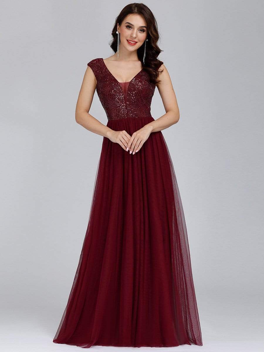 Deep V Neck Floor Length Sequin Prom Dresses for Women