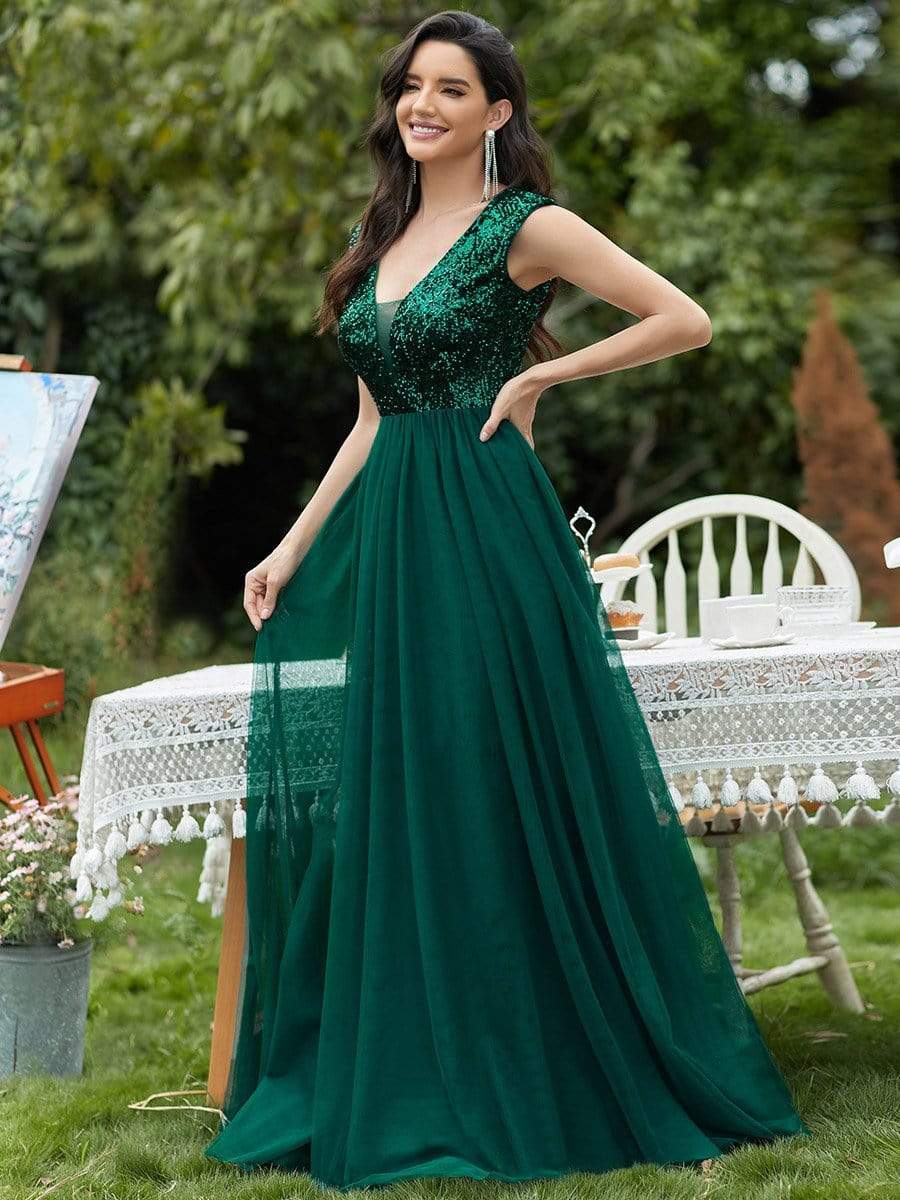 Deep V Neck Floor Length Sequin Prom Dresses for Women