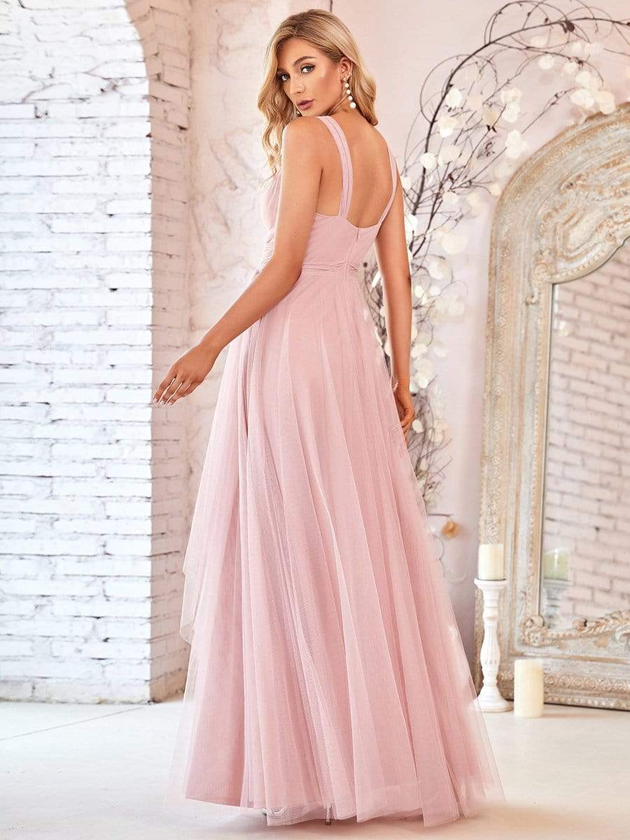 Custom Size Floor Length Double V Neck Tulle Bridesmaid Dresses