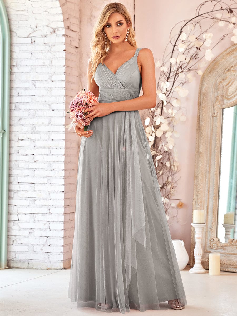 Custom Size Floor Length Double V Neck Tulle Bridesmaid Dresses