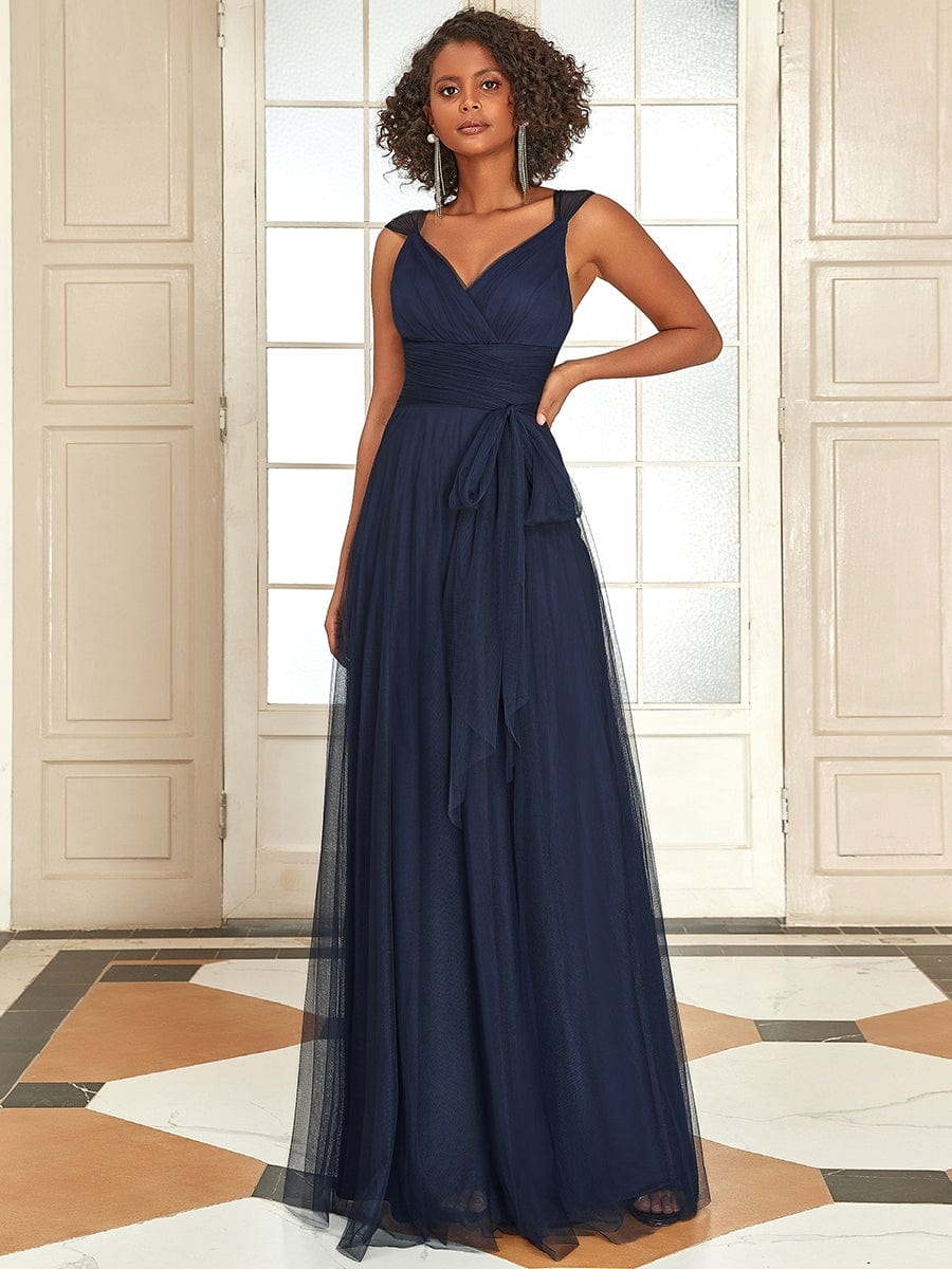 Floor Length Double V Neck Tulle Bridesmaid Dresses