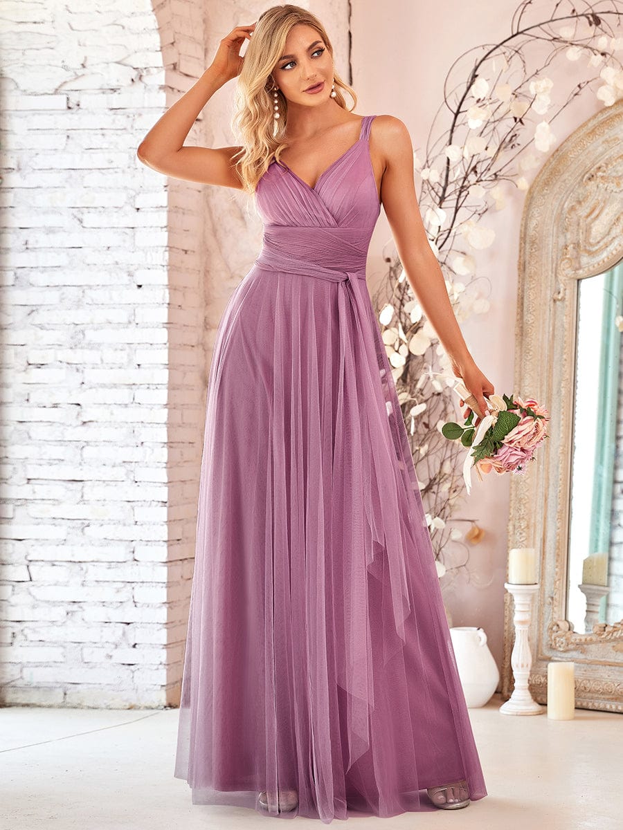 Elegant Double V-Neck Tulle Floor-Length Bridesmaid Dresses