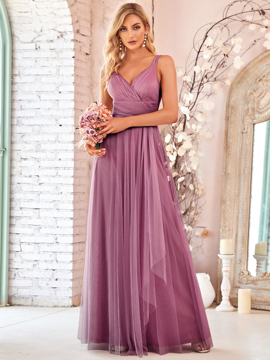 Floor Length Double V Neck Tulle Bridesmaid Dresses