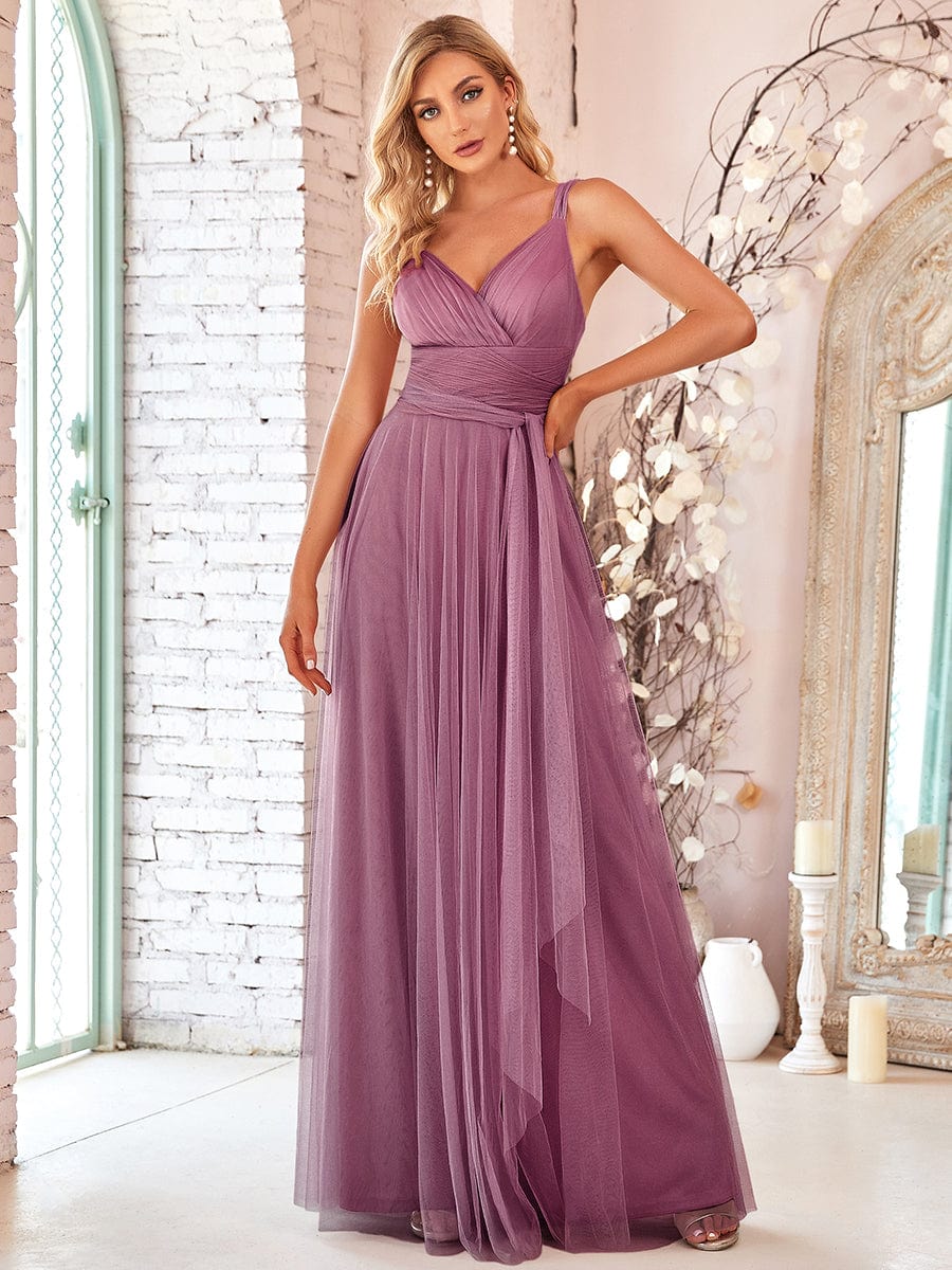 Floor Length Double V Neck Tulle Bridesmaid Dresses