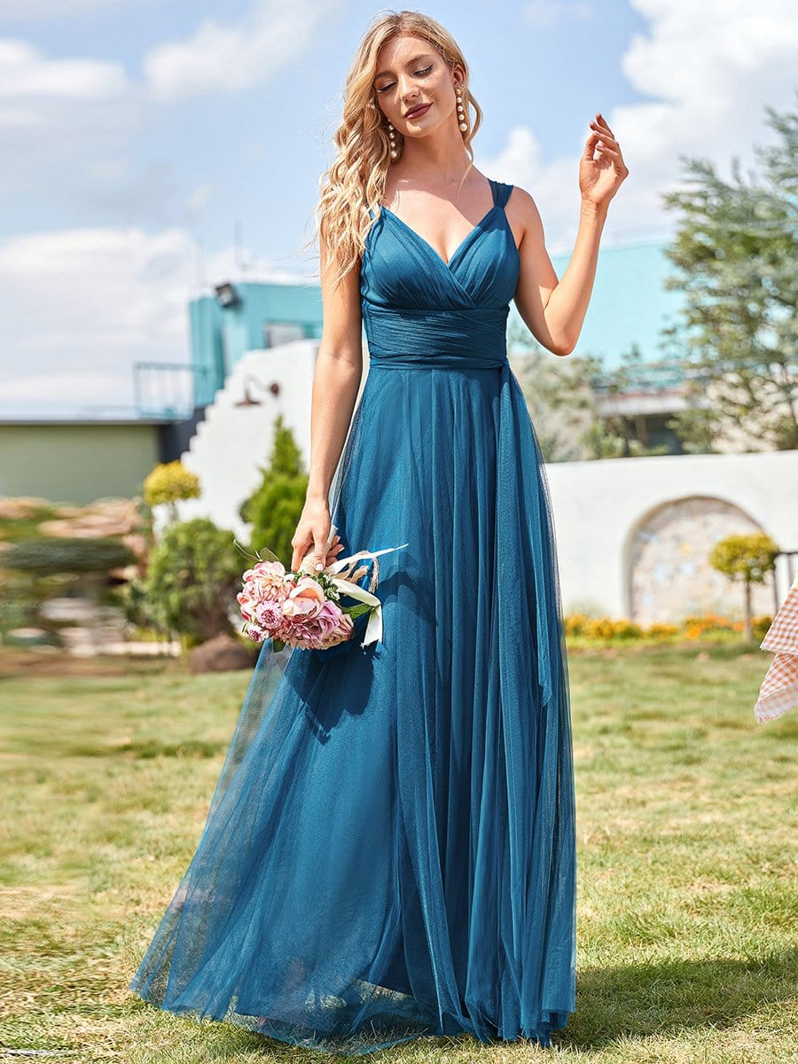 Elegant Double V-Neck Tulle Floor-Length Bridesmaid Dresses