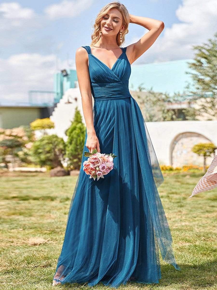 Elegant Double V-Neck Tulle Floor-Length Bridesmaid Dresses