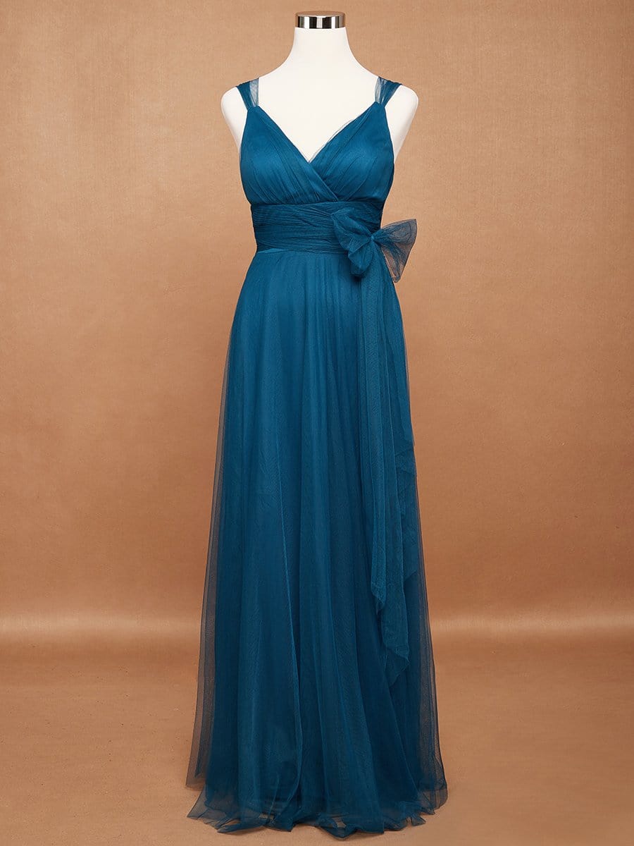 Floor Length Double V Neck Tulle Bridesmaid Dresses