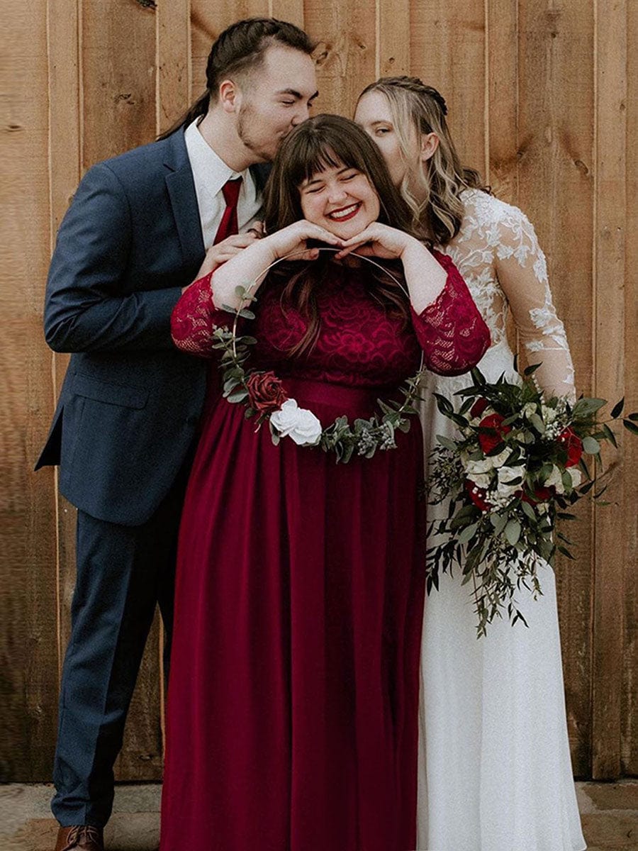 Plus Size See-Through Floor Length Lace Bridesmaid Dress With Half Sleeve