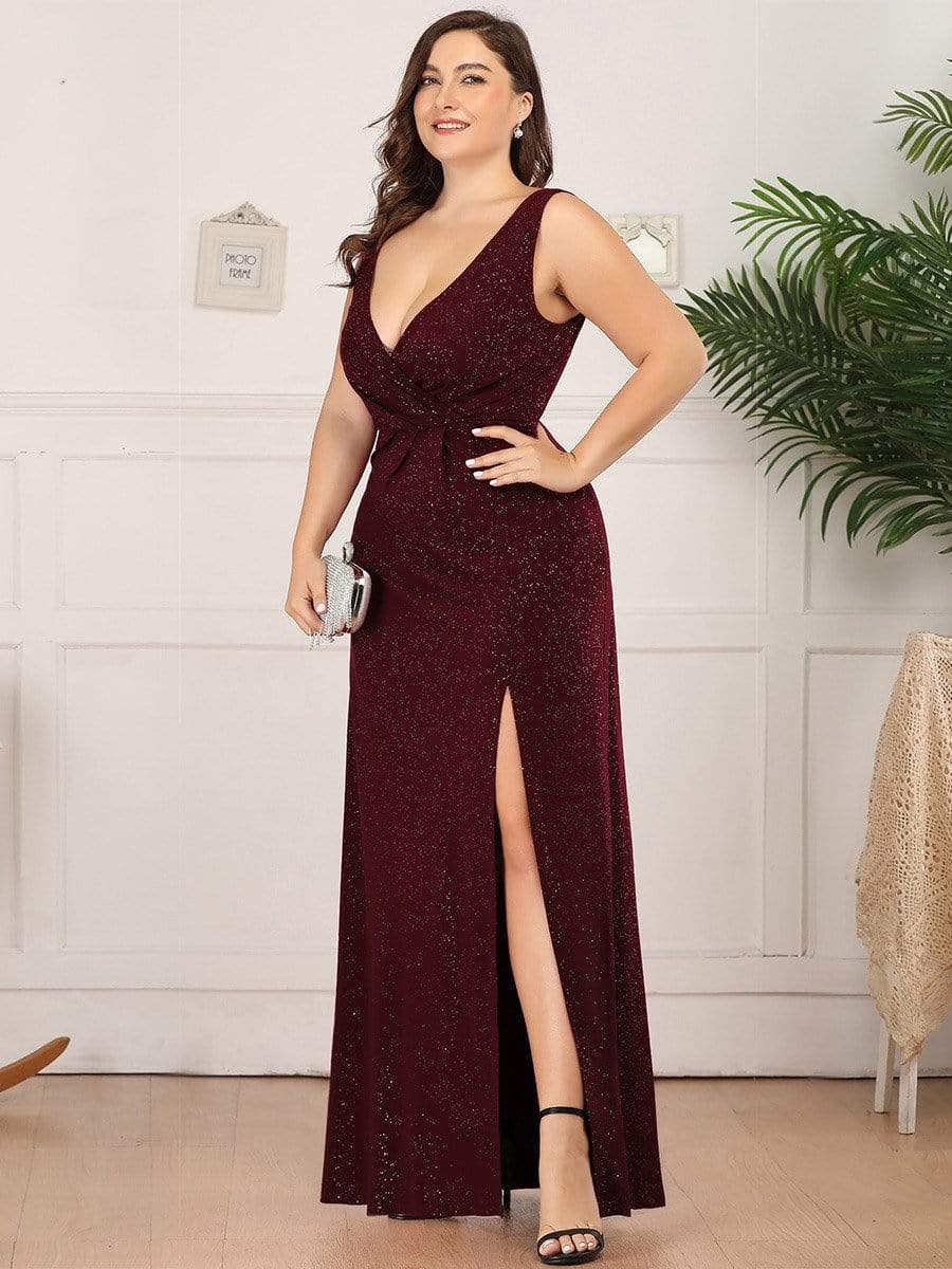 Shiny V Neck Floor Length Plus Size Evening Dresses with Side Split