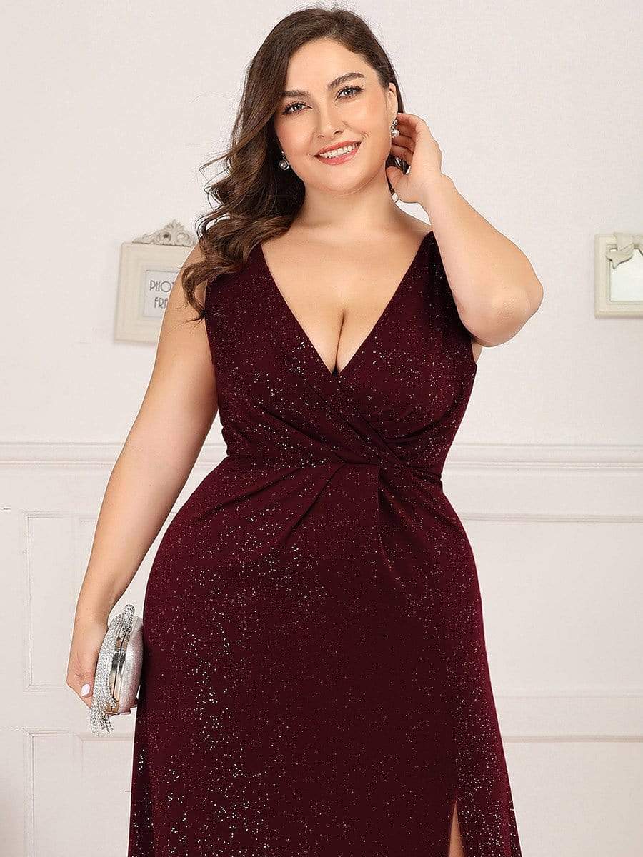 Shiny V Neck Floor Length Plus Size Evening Dresses with Side Split