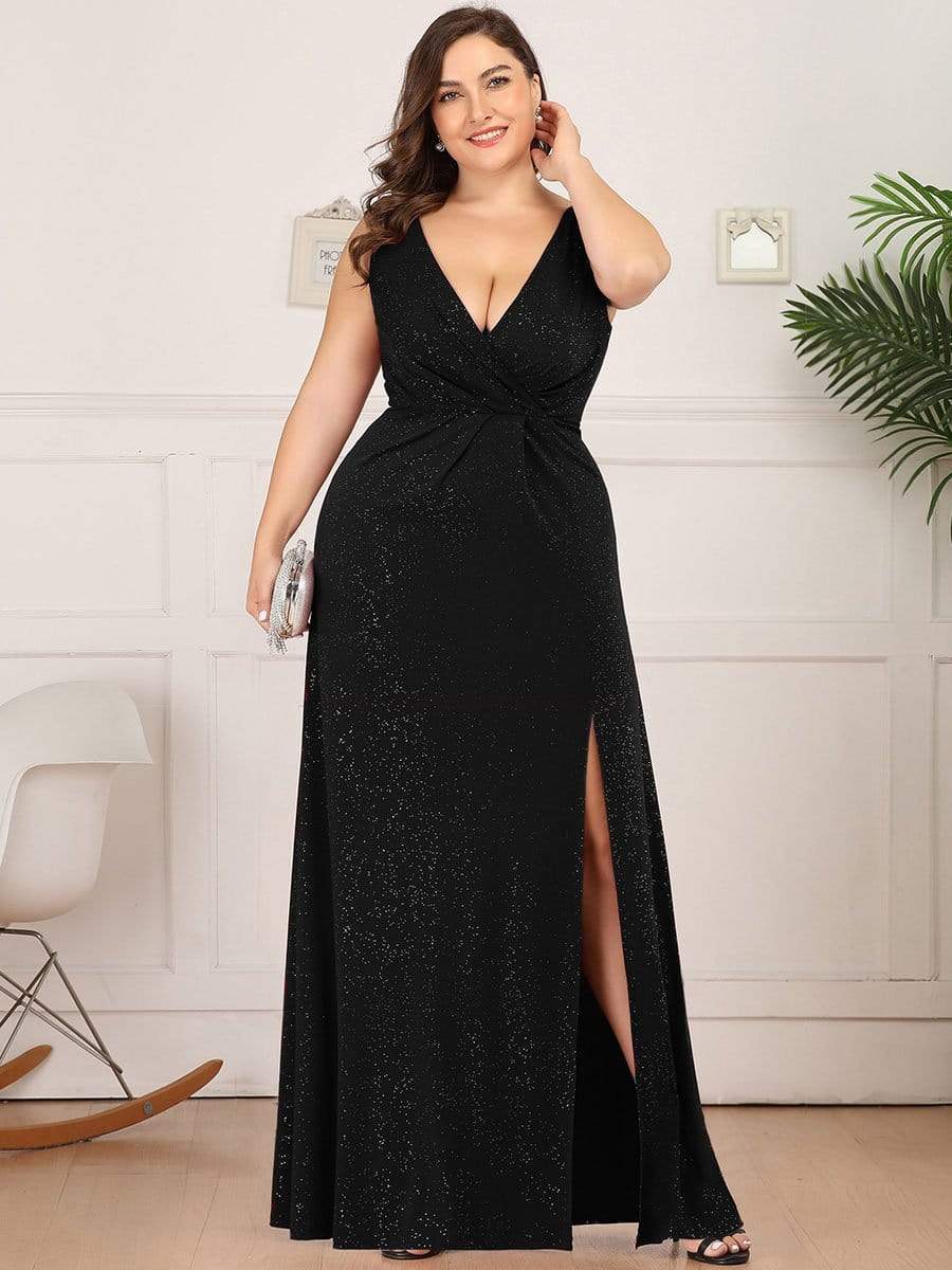 Women's Sexy V-Neck Shiny Evening Dresses with Long Sleeve