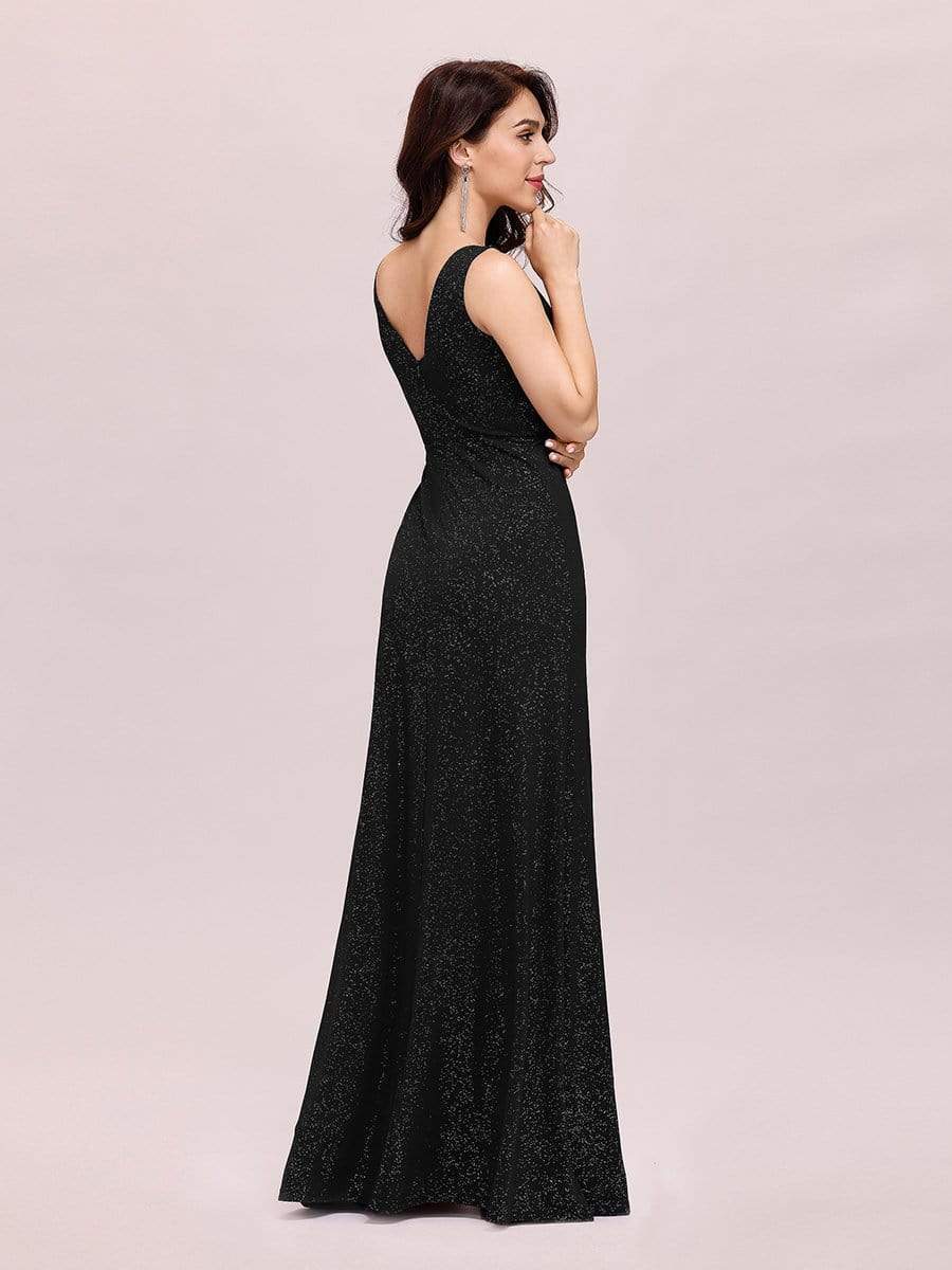 Long V Neck Shimmery Wedding Guest Dress with Side Split