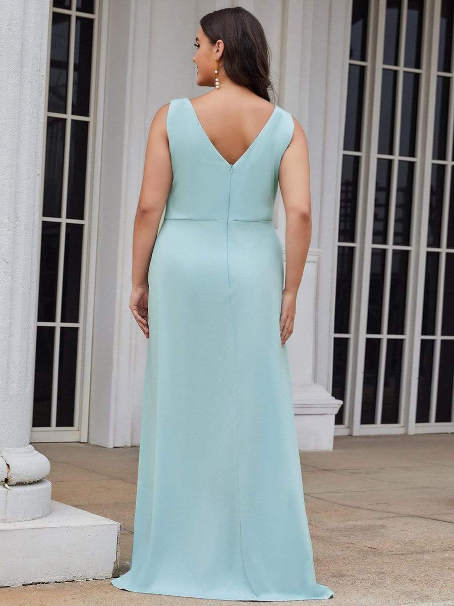 Shiny V Neck Floor Length Plus Size Evening Dresses with Side Split