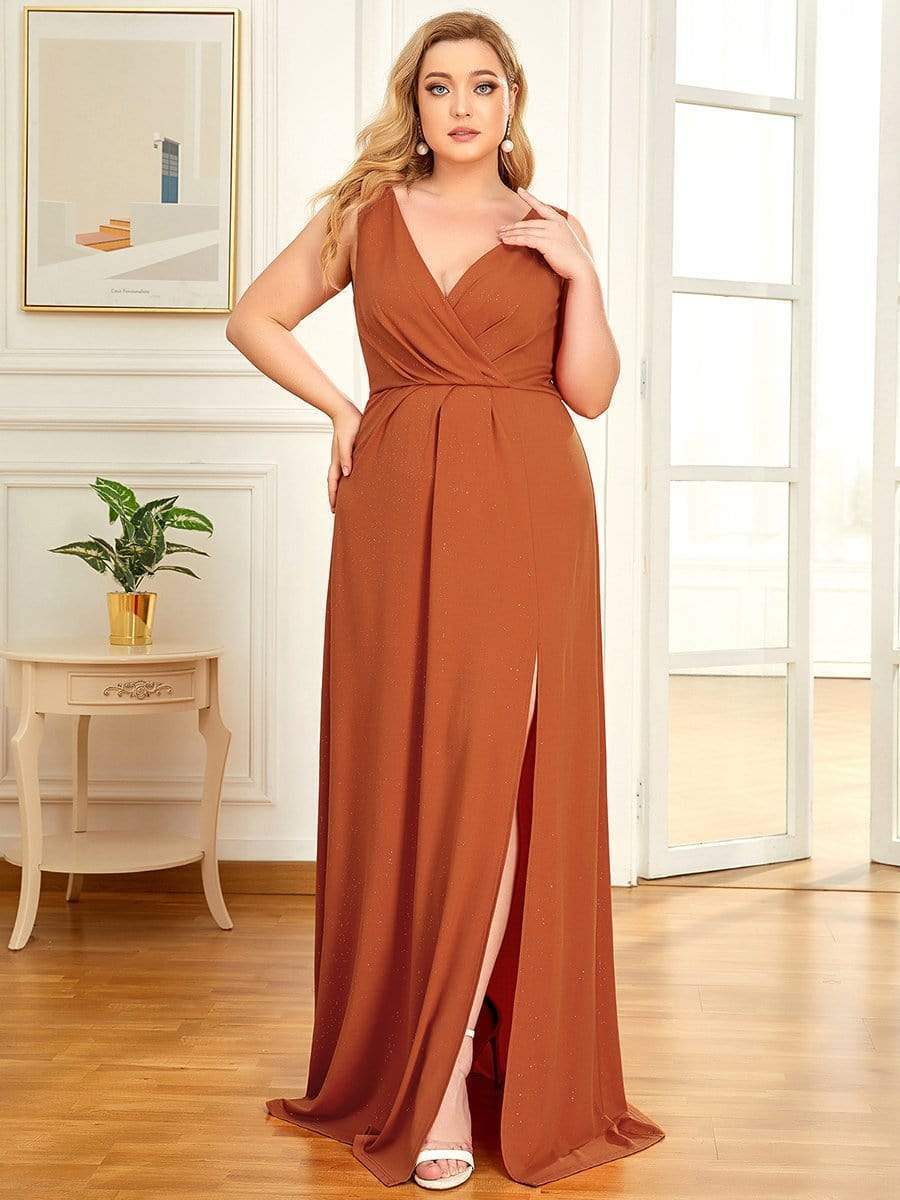 Shiny V Neck Floor Length Plus Size Evening Dresses with Side Split