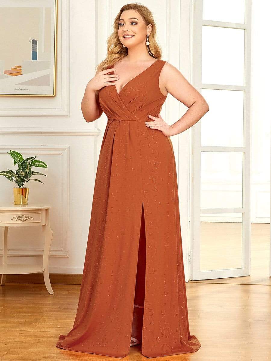 Shiny V Neck Floor Length Plus Size Evening Dresses with Side Split