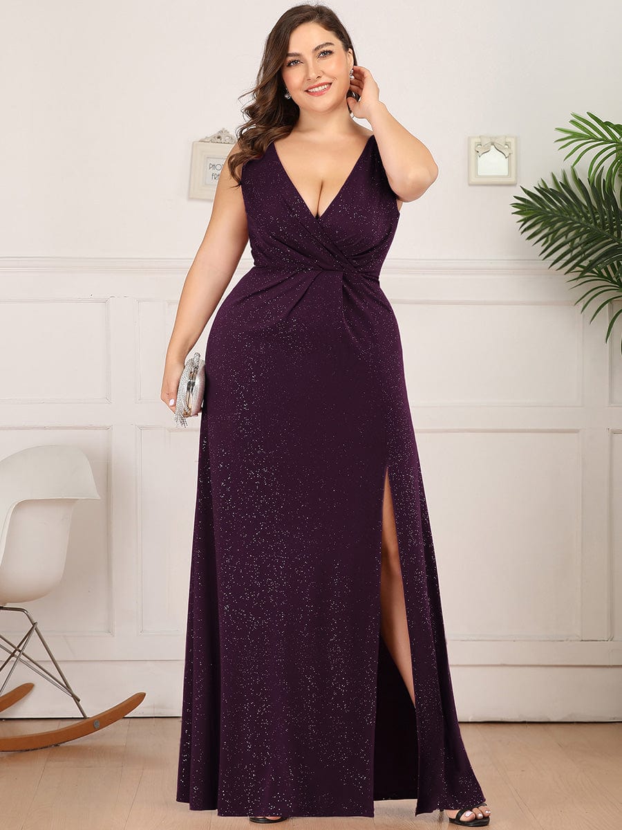 Long V Neck Shimmery Wedding Guest Dress with Side Split