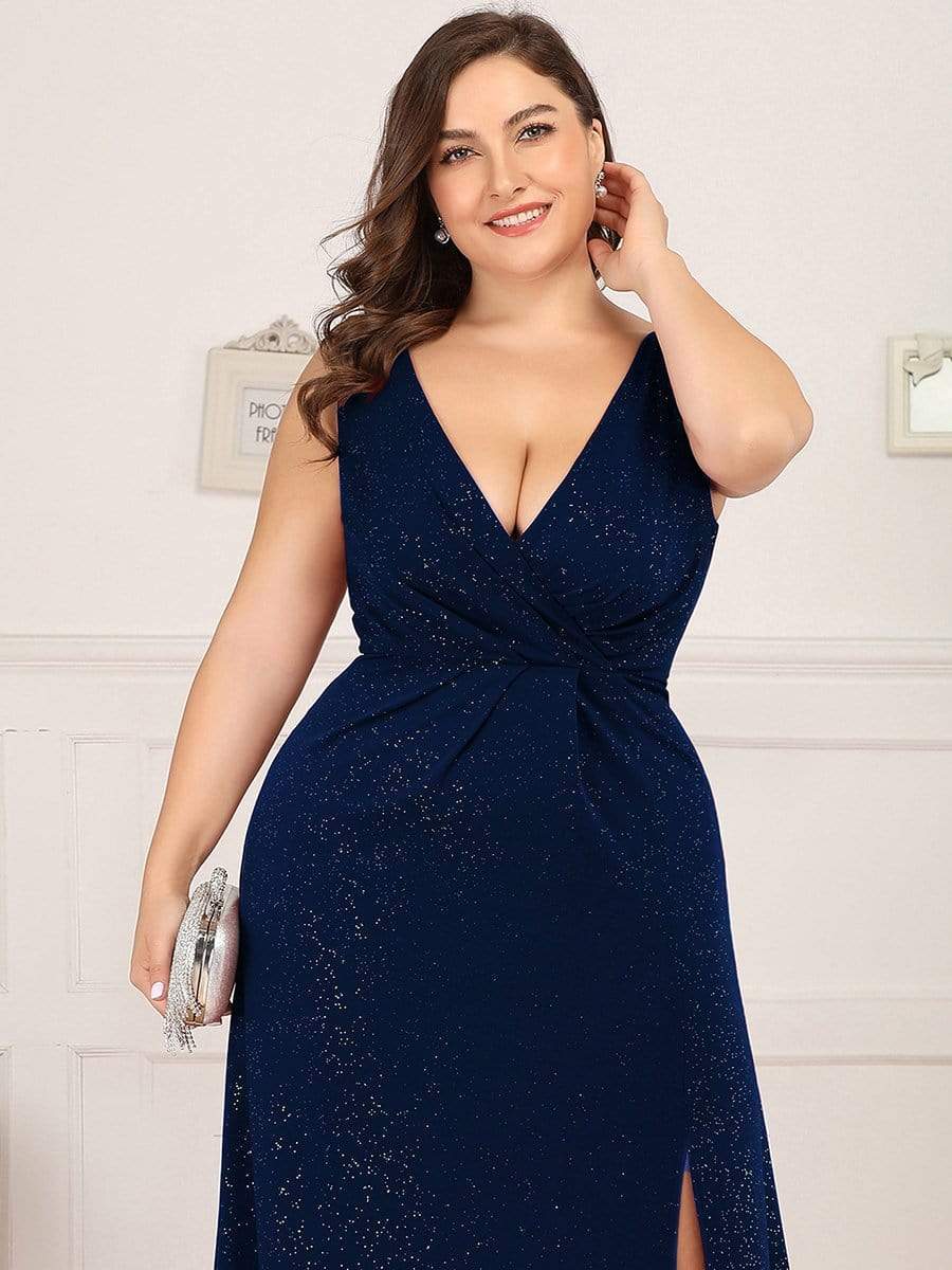 Shiny V Neck Floor Length Plus Size Evening Dresses with Side Split