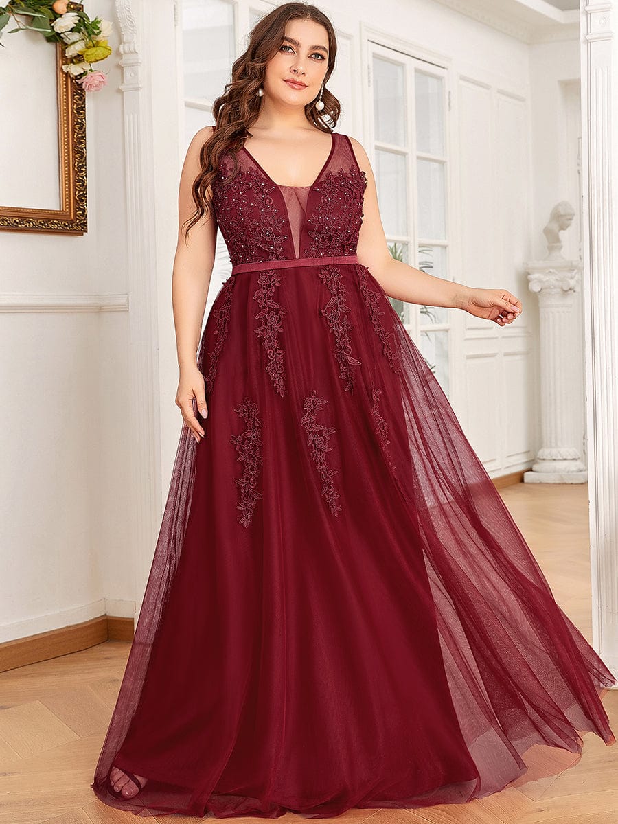 Custom Size Elegant Sleeveless Applique Flowy Tulle Evening Dress