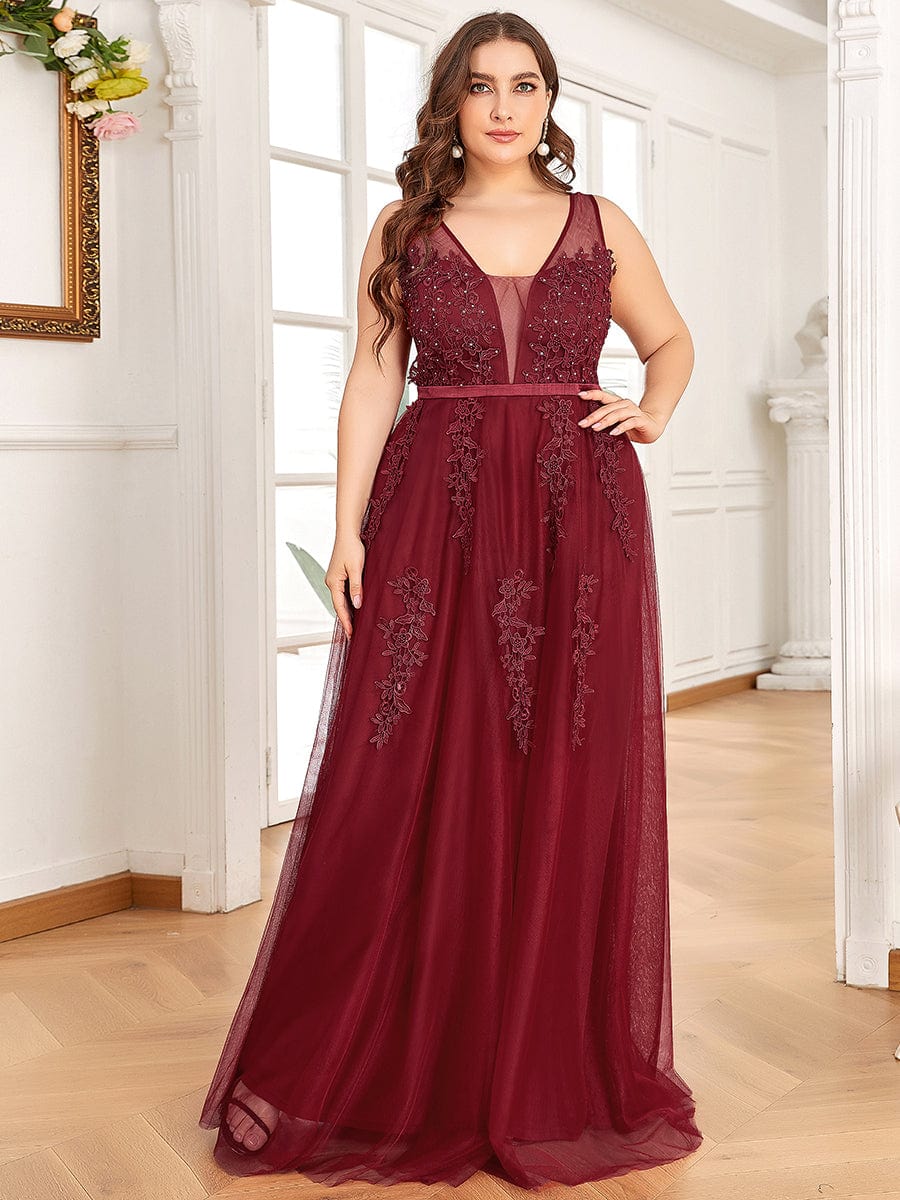 Plus Size Elegant Sleeveless Applique Flowy Tulle Evening Dress