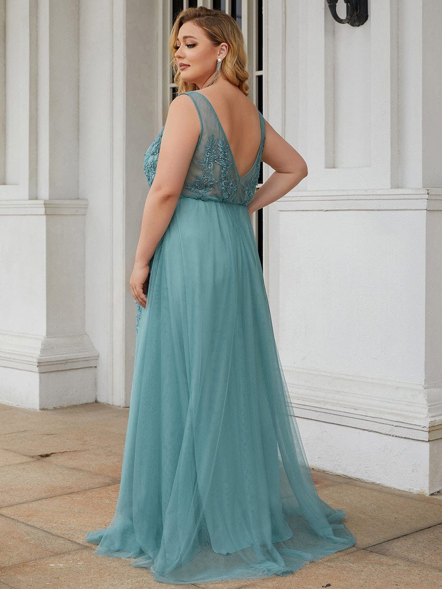 Custom Size Elegant Sleeveless Applique Flowy Tulle Evening Dress