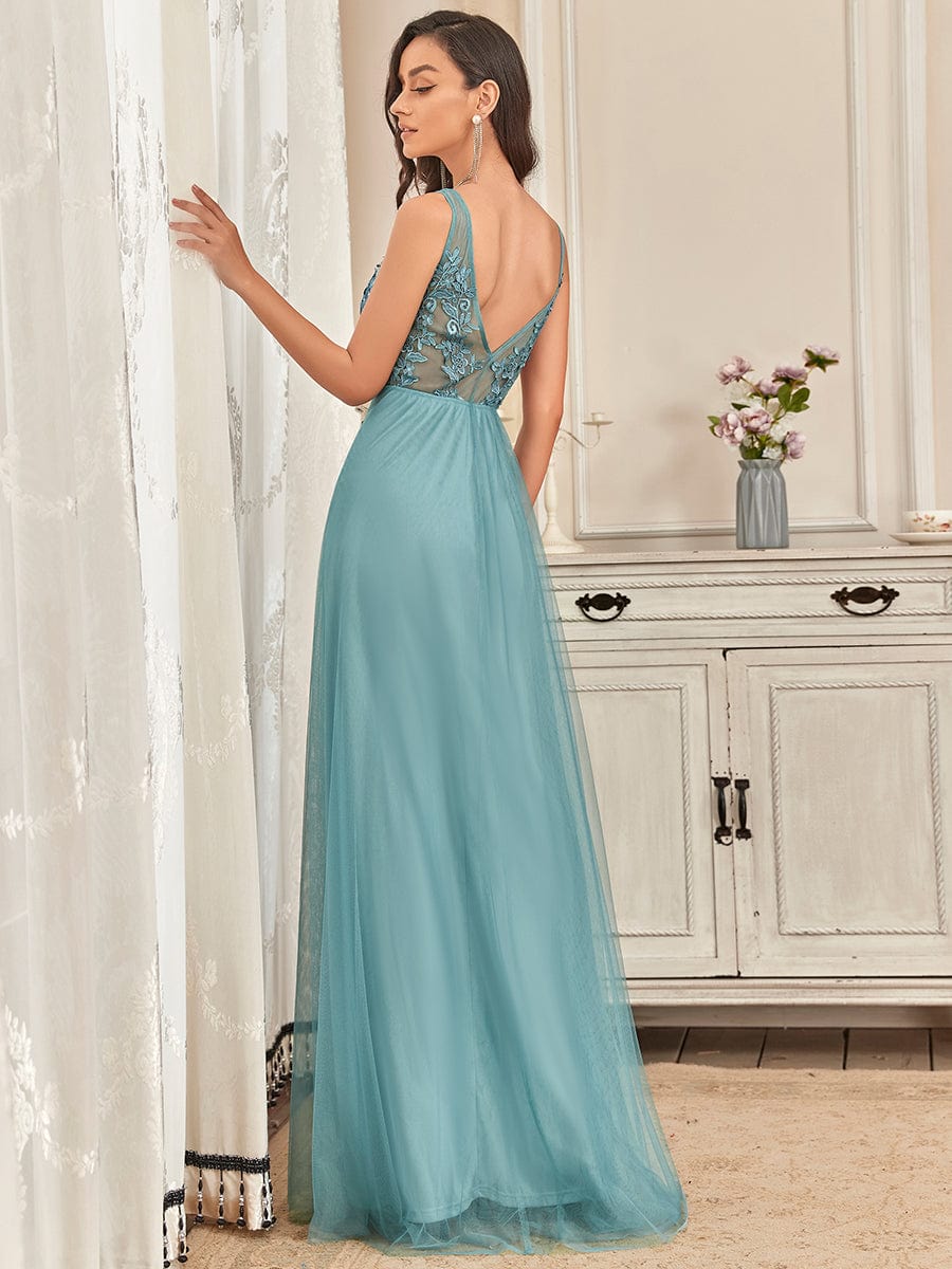 Custom Size Elegant Sleeveless Applique Flowy Tulle Evening Dress