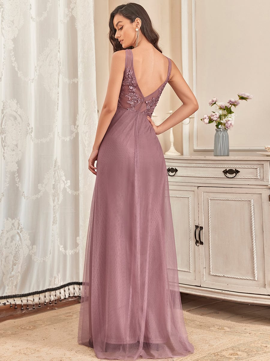 Custom Size Elegant Sleeveless Applique Flowy Tulle Evening Dress