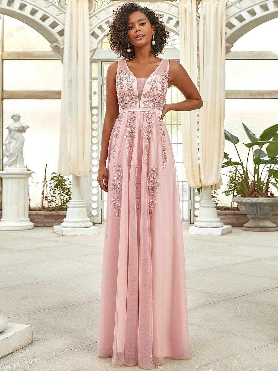 Elegant Sleeveless Applique Flowy Tulle Evening Dress