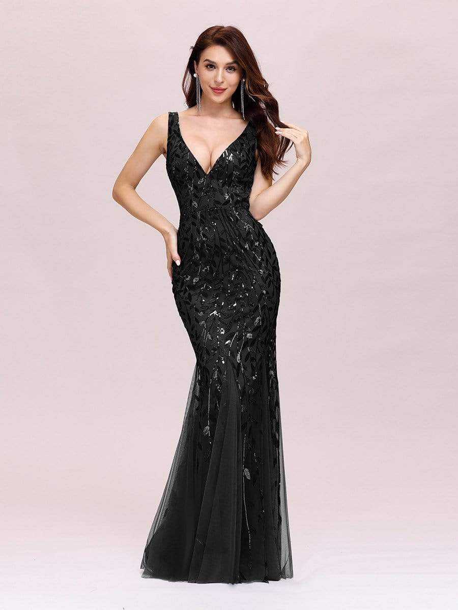 Custom Size Double V-Neck Fishtail Sequin Evening Dress