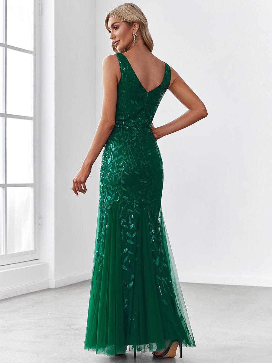 Sexy Double V-Neck Mermaid Sequin Evening Maxi Dress for Women