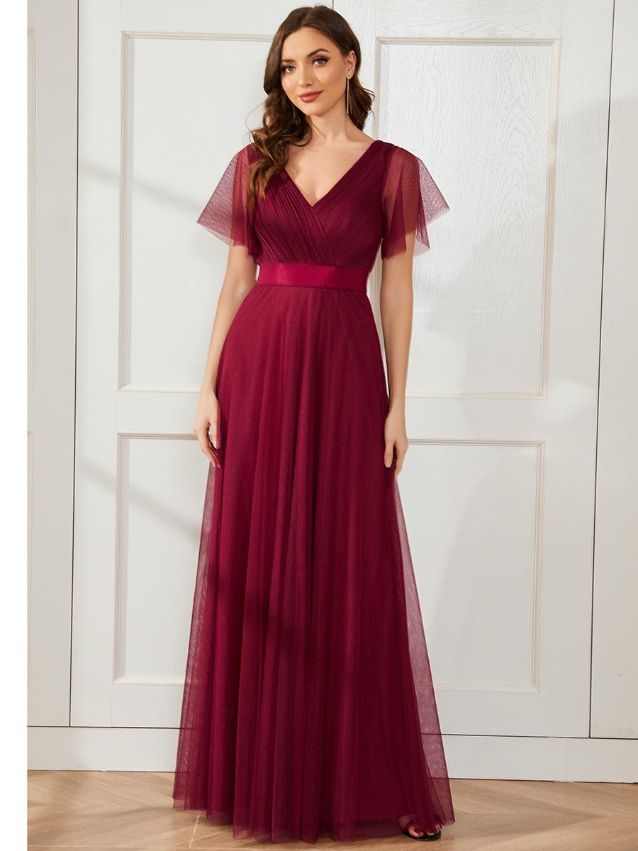 Women's Double V-Neck Floor-Length Bridesmaid Dress with Short Sleeve