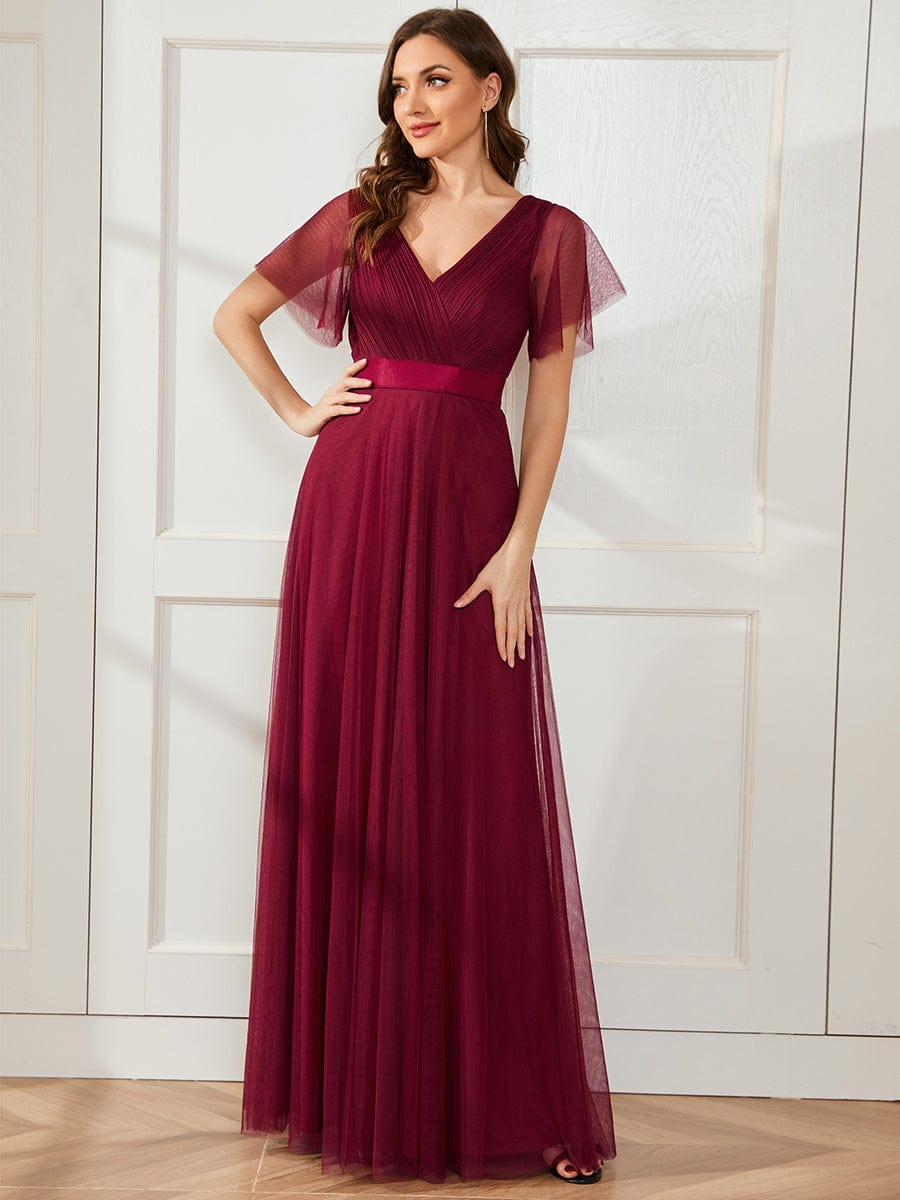 Women's Double V-Neck Floor-Length Bridesmaid Dress with Short Sleeve