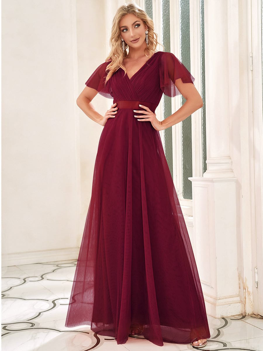 Women's Double V-Neck Floor-Length Bridesmaid Dress with Short Sleeve