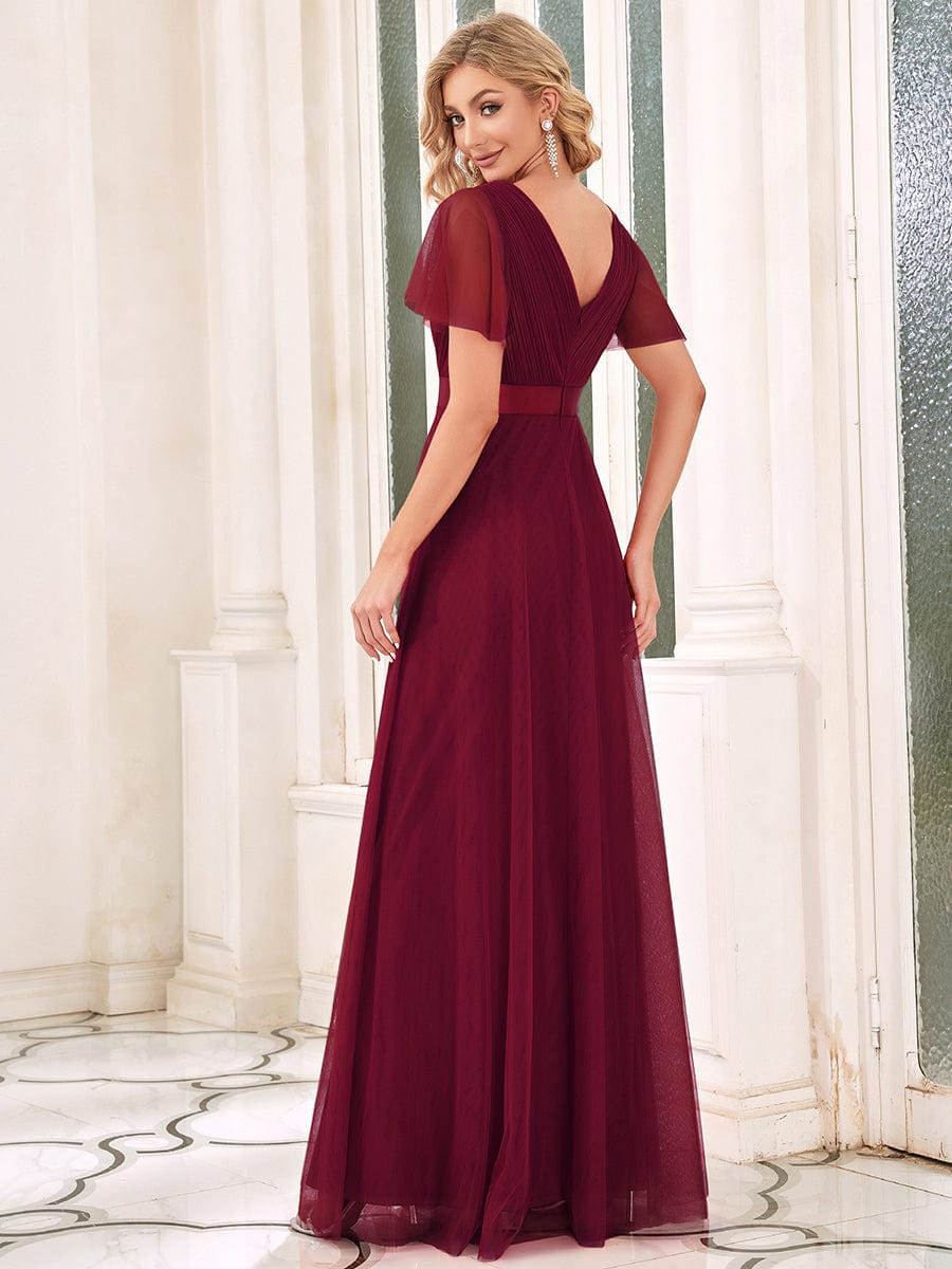 Women's Double V-Neck Floor-Length Bridesmaid Dress with Short Sleeve