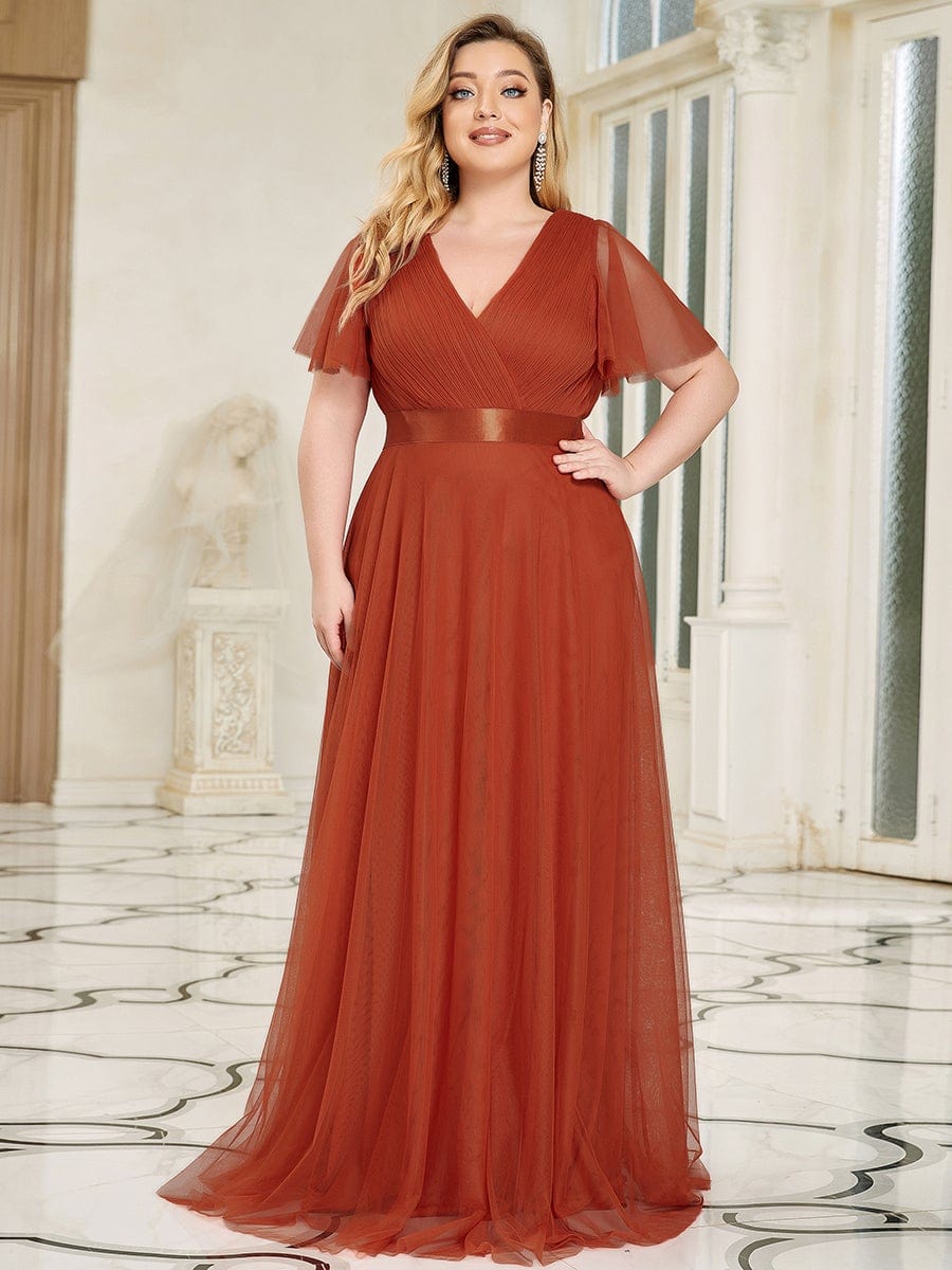 Women's Double V-Neck Floor-Length Bridesmaid Dress with Short Sleeve