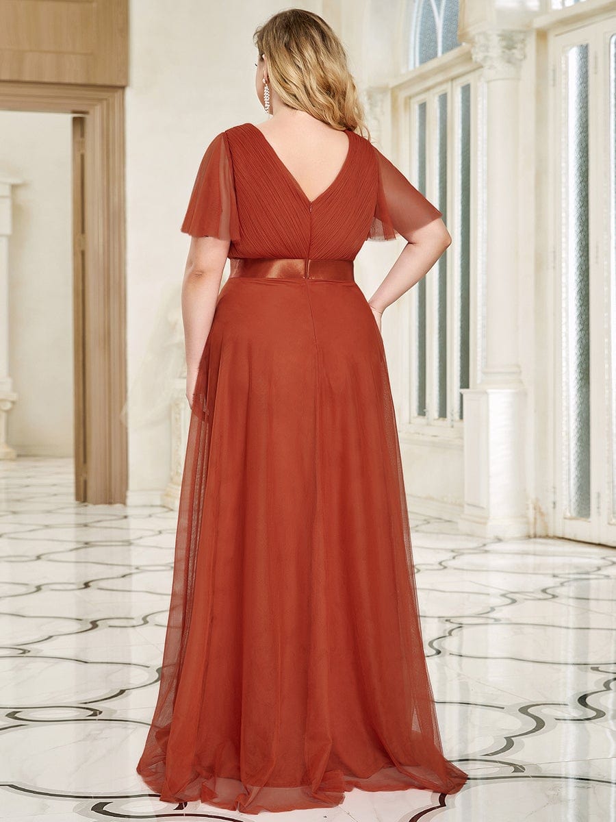 Custom Size Double V-Neck Floor-Length Bridesmaid Dress with Short Sleeve