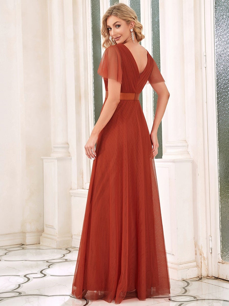 Women's Double V-Neck Floor-Length Bridesmaid Dress with Short Sleeve