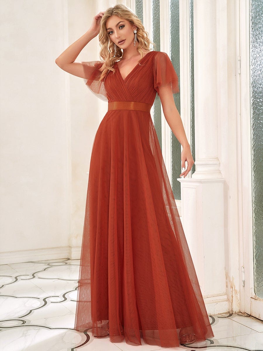 Women's Double V-Neck Floor-Length Bridesmaid Dress with Short Sleeve