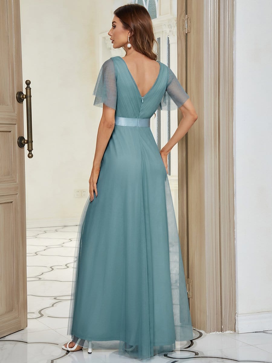 Custom Size Double V-Neck Floor-Length Bridesmaid Dress with Short Sleeve