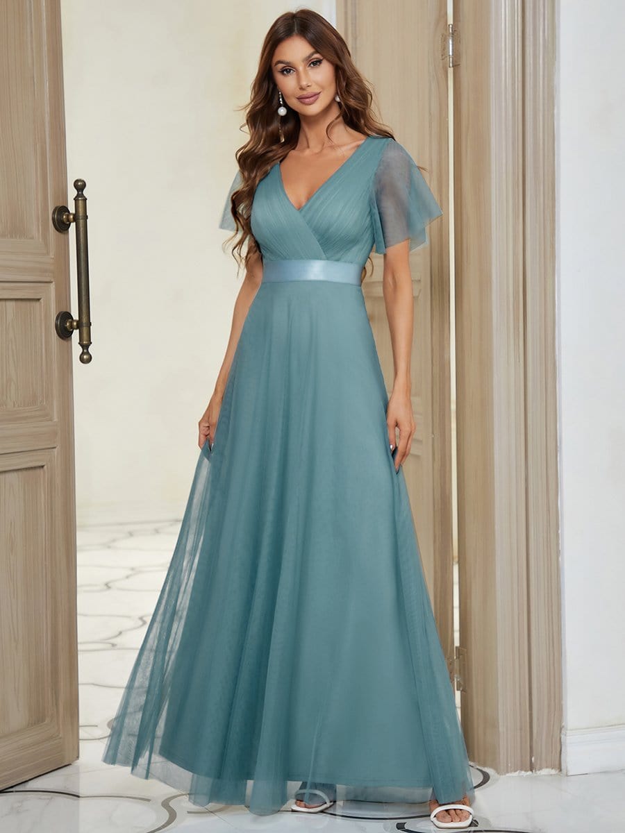 Custom Size Double V-Neck Floor-Length Bridesmaid Dress with Short Sleeve