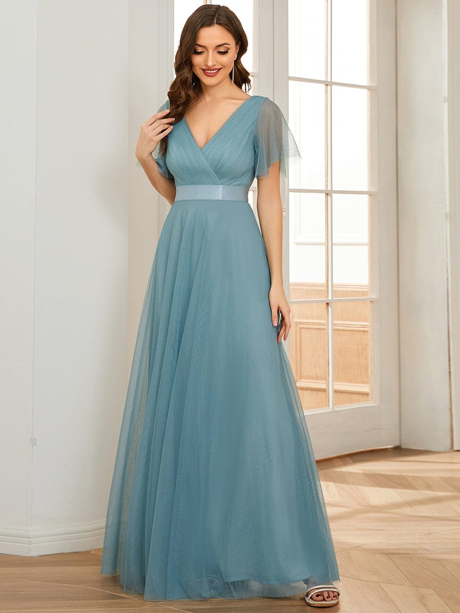 Women's Double V-Neck Floor-Length Bridesmaid Dress with Short Sleeve